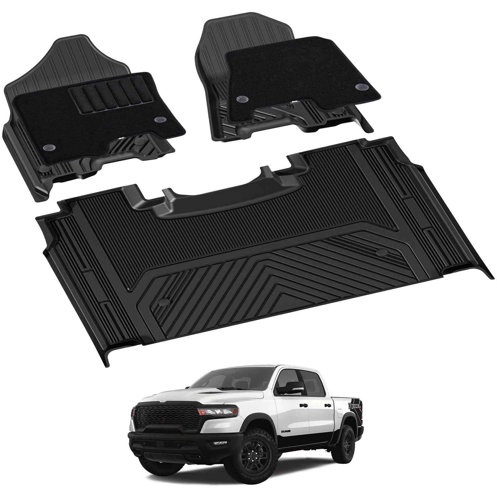 3W Floor Liner & Carpet Top Bundle for 2019-2024 Dodge Ram 1500 Crew Cab (New Body/Without Storage) All-Weather 1st & 2nd Row TPE Mats Set, Not for Classic Models Image