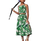 Verdusa Girl's 2 Piece Summer Outfits Hawaiian Tropical Print Cropped Cami Top and Long Skirts