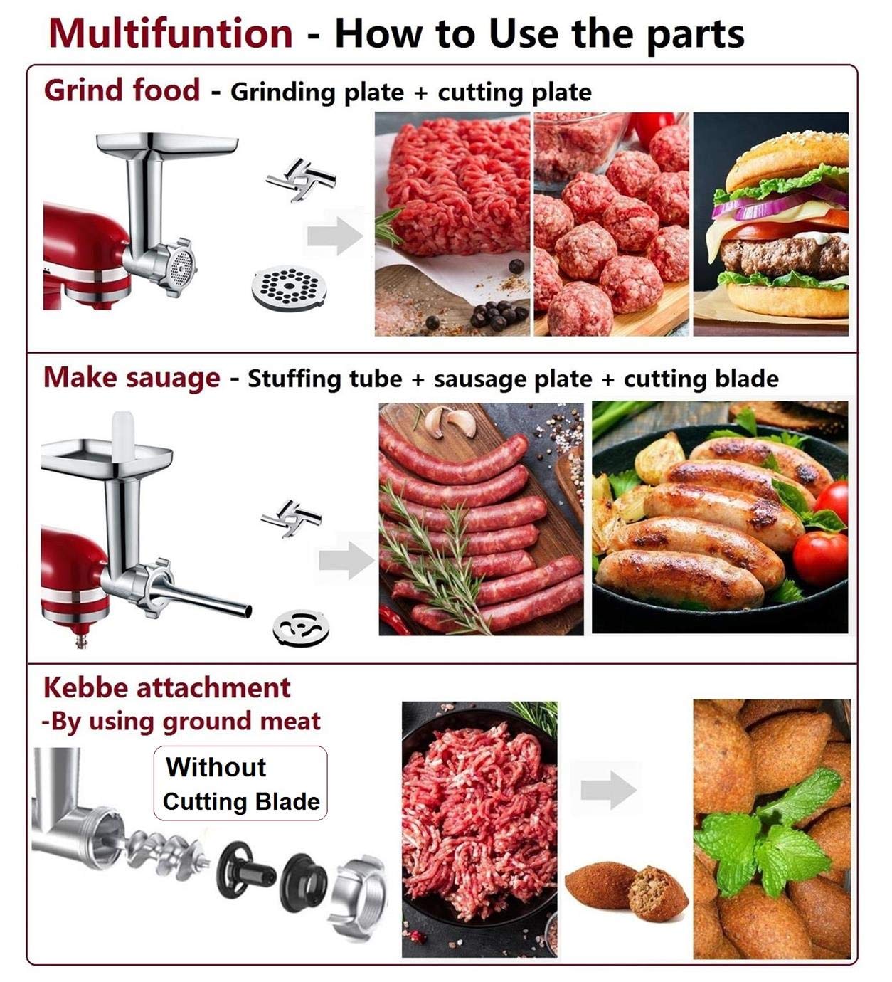 Metal Food Grinder Attachment for KitchenAid Stand Mixers, Meat Grinder for Kitchen Aid Included 3 Sausage Stuffer Tubes, 4 Grinding Plates, 2 Grinding Blades, Kubbe Meat Processor Accessories