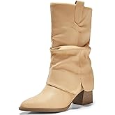 Coutgo Womens Fold Over Mid Calf Boots Slouchy Pointed Toe Chunky Heel Boots Pull On Winter Western Boot Shoes