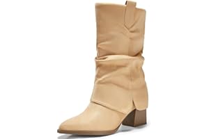 Coutgo Womens Fold Over Mid Calf Boots Slouchy Pointed Toe Chunky Heel Boots Pull On Winter Western Boot Shoes