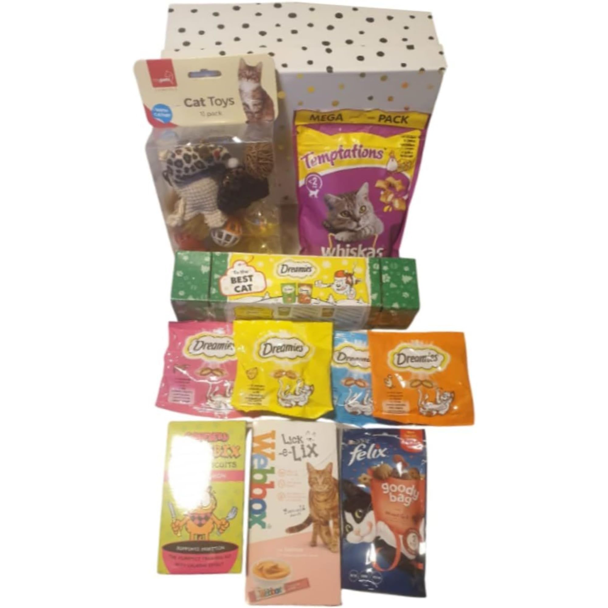 CAT TREAT HAMPER CONTAINING 15 X BRANDED TREATS/TOYS IN A GIFT BOX. (VARIOUS DESIGN)