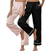 Ekouaer 2 Pack Women Silk Satin Pajamas Pants Lounge Pants Loose Elastic Waist Pj Bottoms with Pockets