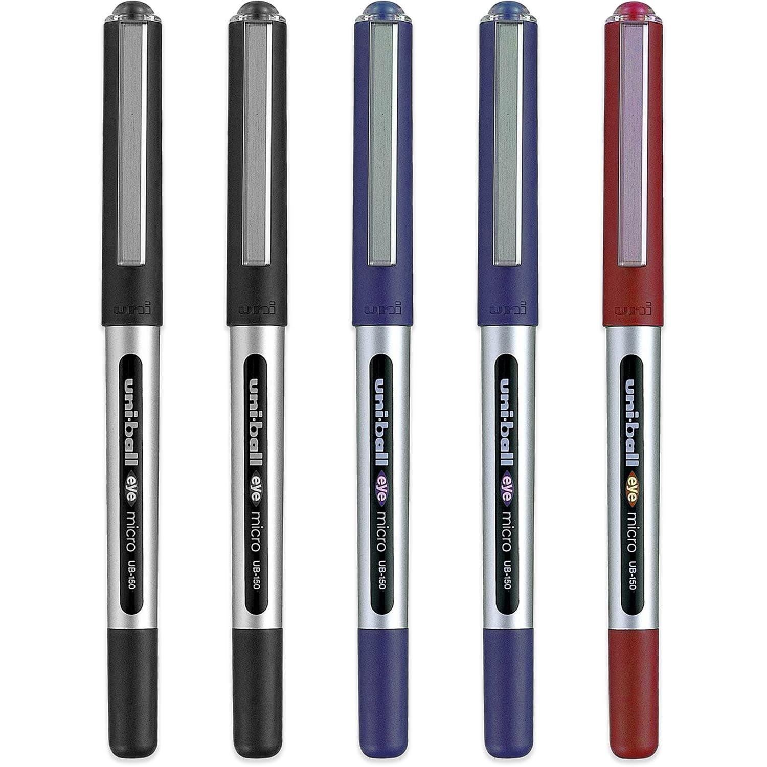 uni-ball Eye UB-150E Liquid Ink Rollerball Pens - 0.5mm - 2 x Black, 2 x Blue, 1 x Red - Pack of 5