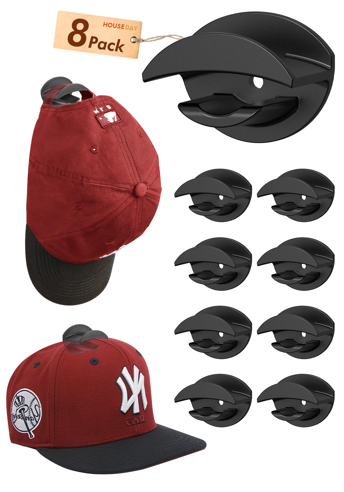 Photo 1 of HOUSE DAY Adhesive Hat Hooks for Wall 8 Pack, Strong Hat Rack for Baseball Cap Display Organizer, Hats Holder for Wall, Door, Closet, No Drilling, Black
