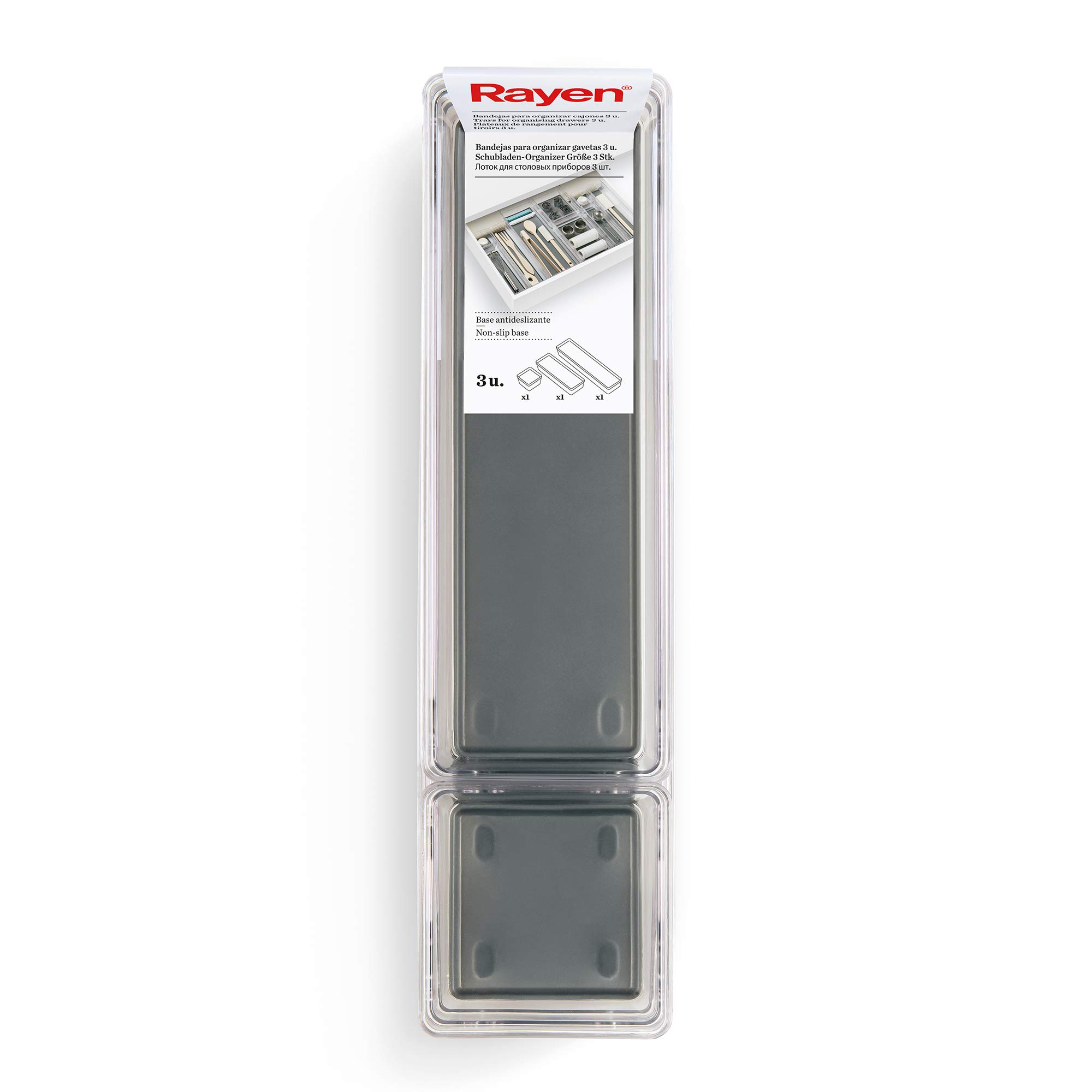Rayen Set of 3 Drawer Inserts, Transparent and Dark Grey Silicone, Medidas: 1 ud. 8,2 x 8,2 x 5 cm. / 1 ud. 24,7 x 8,2 x 5 cm. / 1 ud. 32,7 x 8,2 x 5 cm