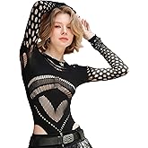 PSYGLANCE Long Sleeve Mesh Bodysuit for Women | Going Out Tops Shapewear Bodysuit Sexy Clubwear Goth Clothes Rave Outfits for Women (Black, One Size)