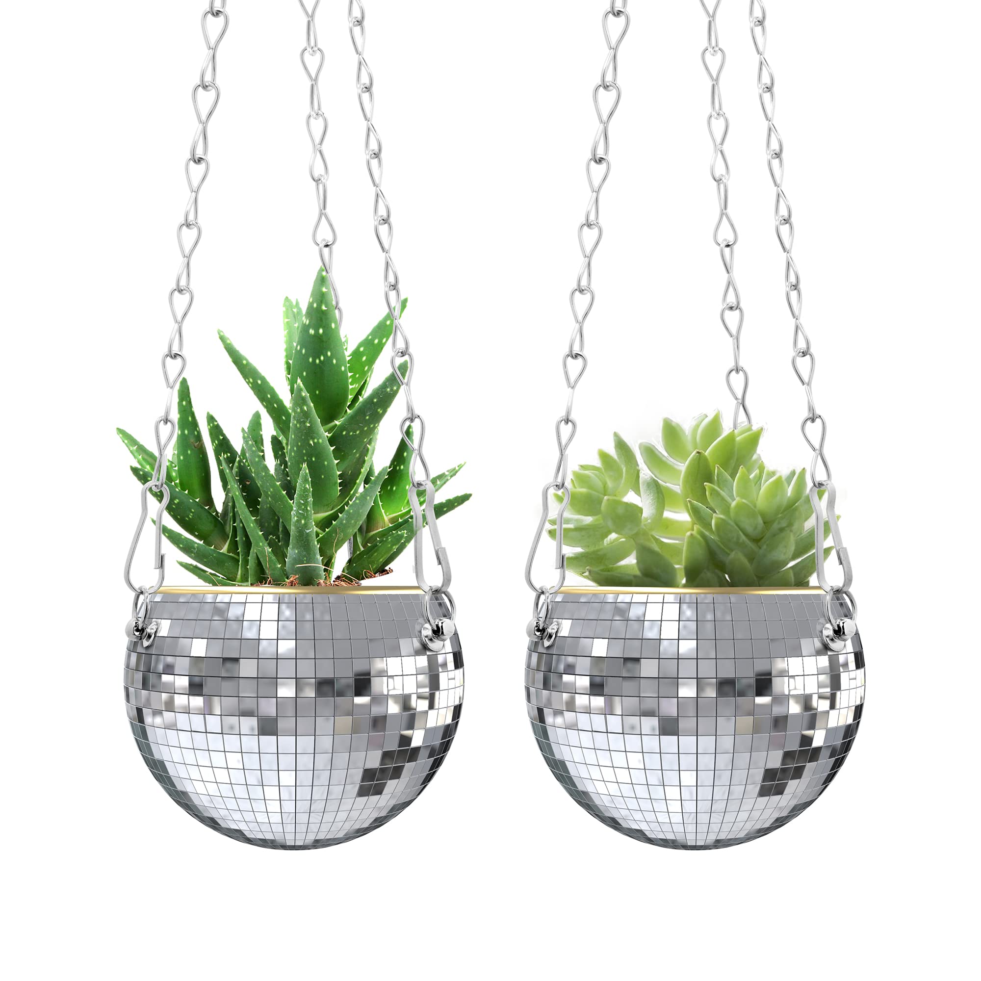 moonoom 2 Pcs Sliver Disco Ball Planter with Chain,Home Boho Hanging Planter,4Inch Hanging Mirror Ball Flower Pots for Indoor Outdoor Plants