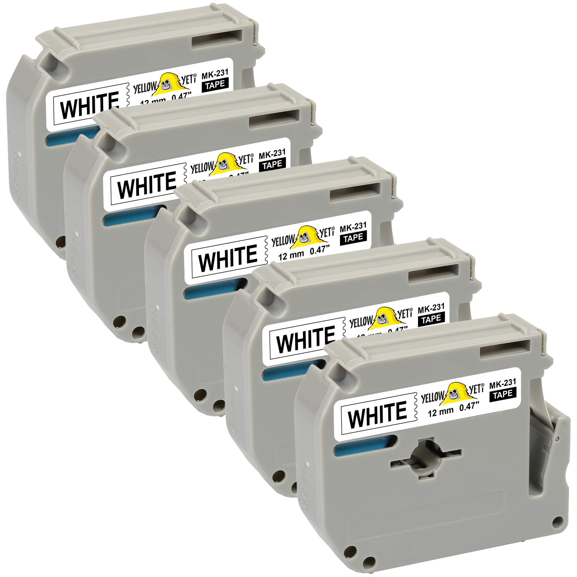 Yellow Yeti 5 Label Tapes M K231 MK231 MK-231BZ Black on White 12mm x 8m Compatible with Brother P-Touch BB-4 PT-55 PT-65 PT-70 PT-80 PT-85 PT-90 PT-M95 PT-100 PT-110 Label Makers