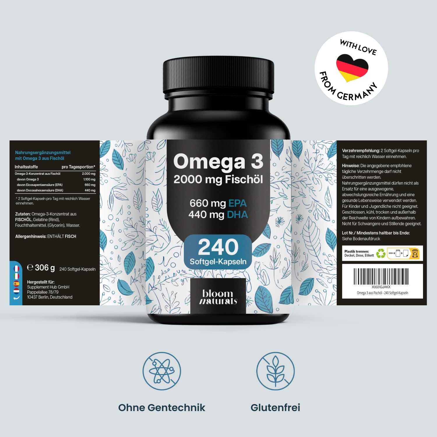 Omega 3 Kapseln hochdosiert 2000mg Fischöl - 240 Softgel-Kapseln - davon 660 mg EPA und 440 mg DHA - Unterstützt die Gesundheit von Herz, Gehirn und Augen* - Produziert in Deutschland 6