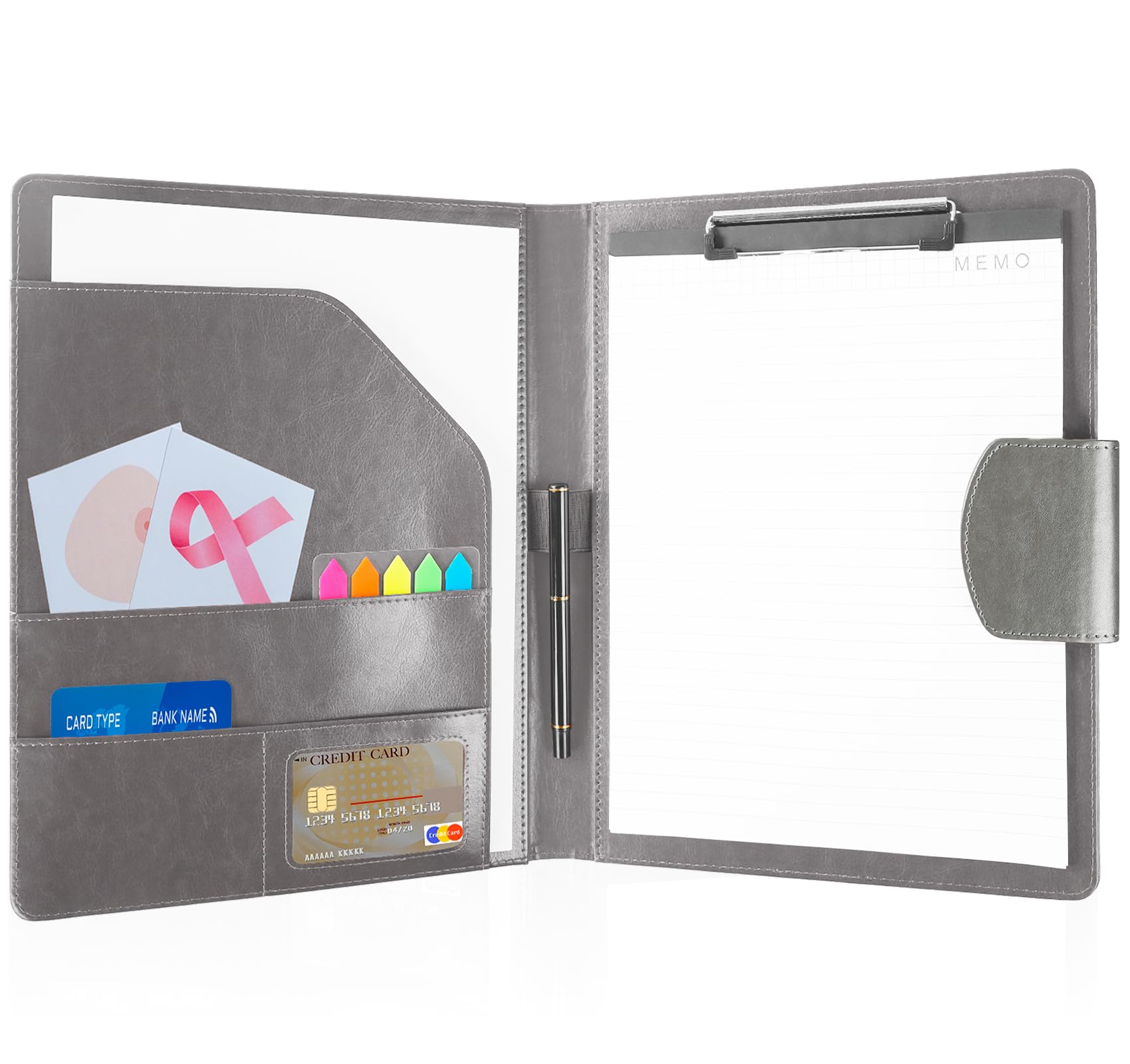Agoer A4 Clipboard Folder, Faux Leather Portfolio With Magnetic Closure Cover, Sticky Arrow Tabs, Pen, Conference Presenter Document for Office Meetings, Grey