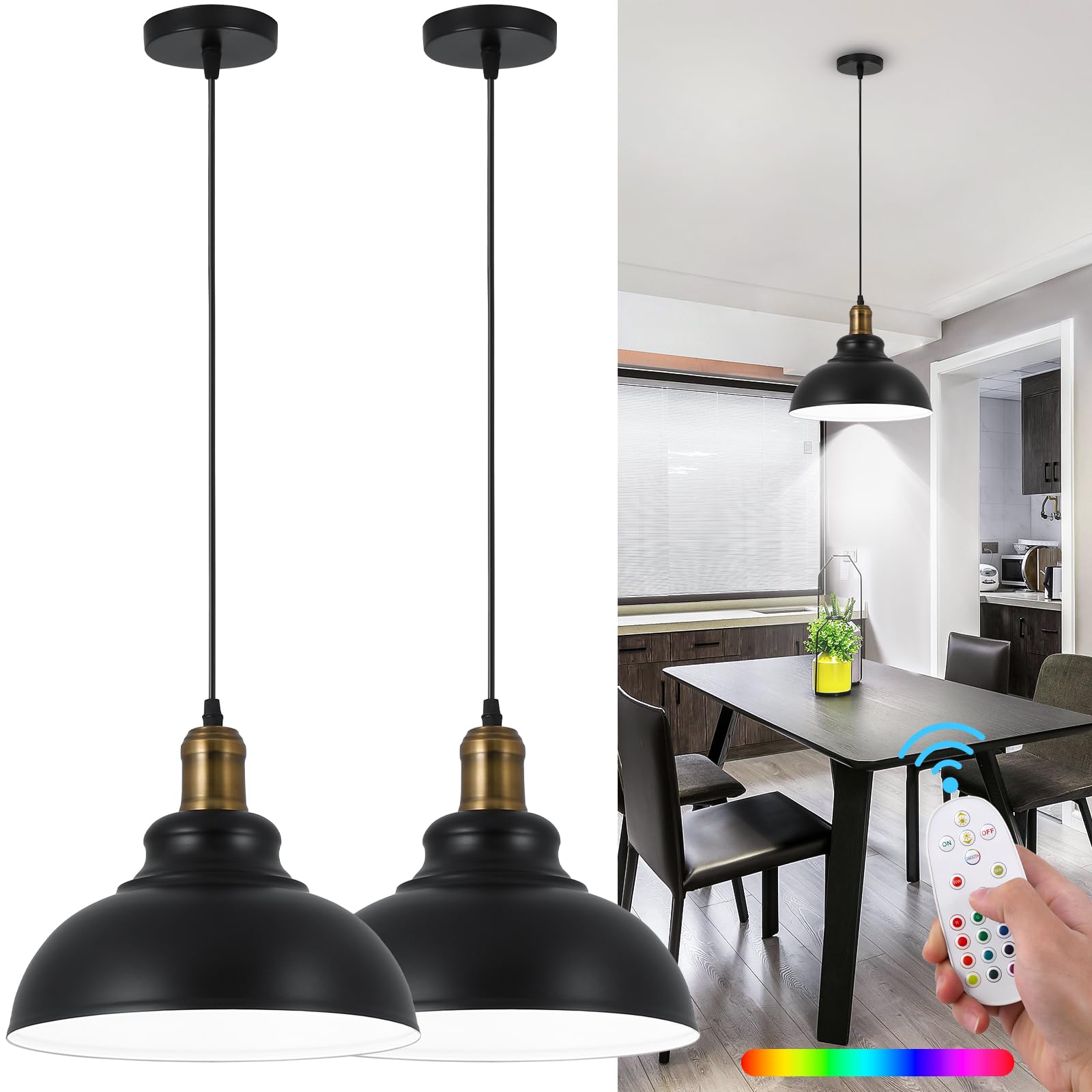 Photo 1 of Battery Operated Pendant Lights,Rechargeable Pendant Light with Remote,Black Gold Pendant Light Fixtures for Kitchen Island,Modern Industrial Hanging Lights for Dining Room Hallway Entryway(2 Pack)