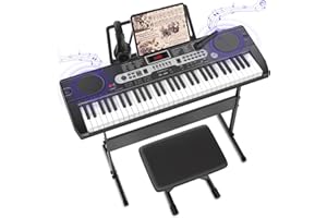 Fujampe Electric Keyboard Piano W/Teaching Mode, Keyboard Stand, Piano Bench, Microphone, Headphones, Note Stickers, Music Stand, Portable Electronic 61 Key Piano Keyboard for Beginners (Lighted Keys)