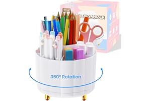 IVEETTY Pen Holder for Desk Organizer Caddy 360 Rotating, Pencil Holder for Desk, Office, Classroom & Home, Cute Pencil Holders with 6 Slots, Office Decor Accessories, Workspace Organizers, White