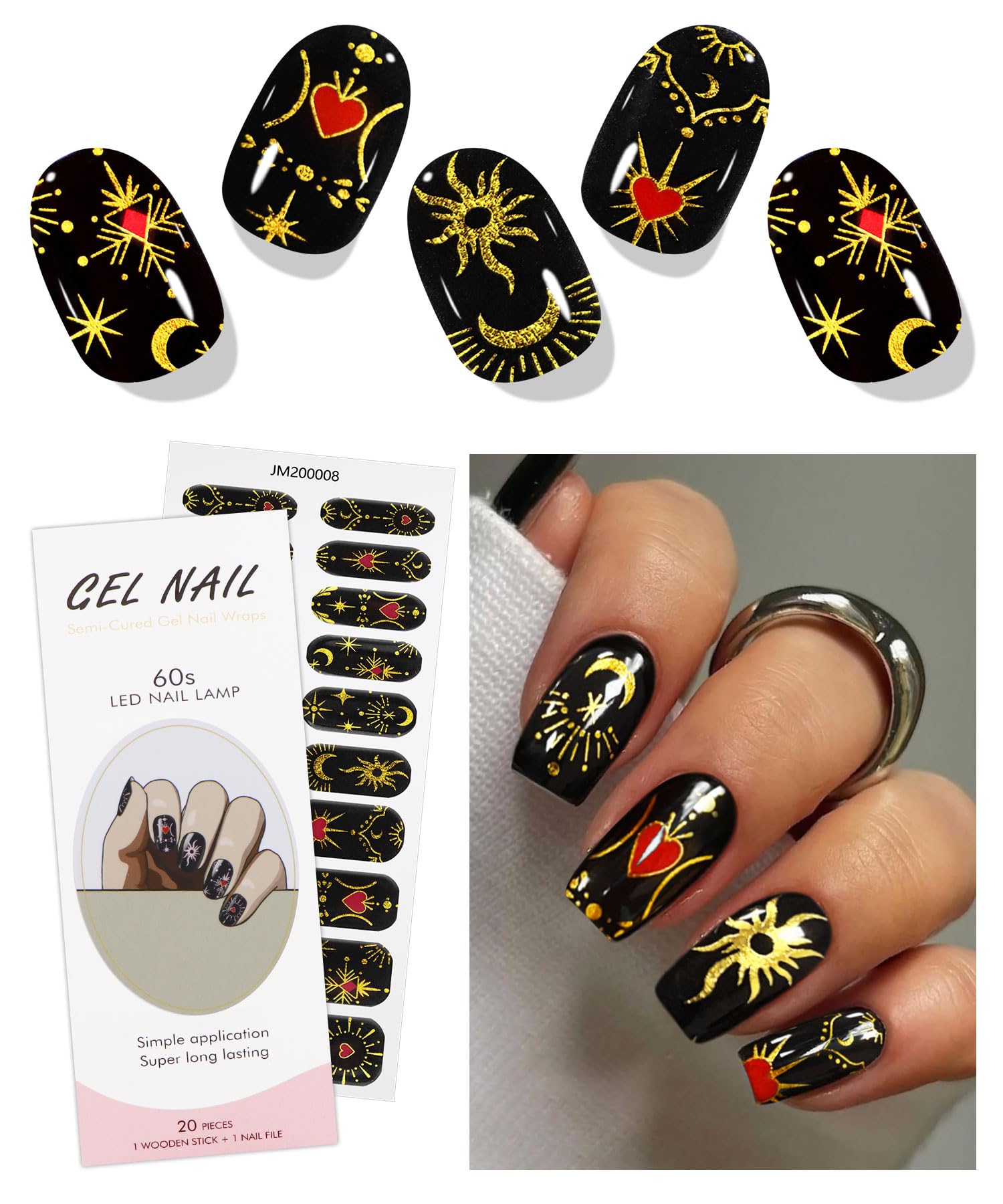 JMEOWIO Gel Nail Stickers Moon Star Black Semi Cured Gel Nail Strips Wraps UV/LED Nails Art Design Decoration Accessories