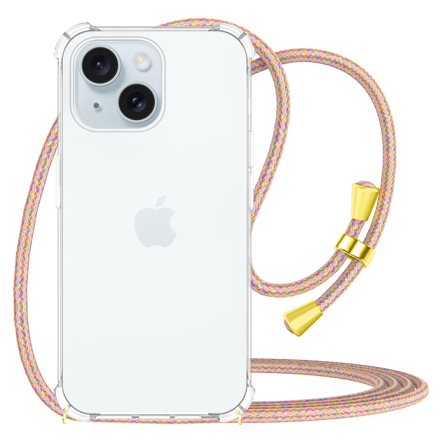 CAROKI Clear Crossbody Case for iPhone 15 Plus - Soft Flexible TPU Phone Cover with Integrated Adjustable Rainbow Lanyard Strap, Shock-Absorbing Slim Bumper, Secure Hands-Free Neck Cord - Rainbow