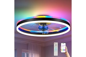 Guddlyte 20" Bladeless Ceiling Fan with Lights and Remote, Modern LED Fandelier RGB Ceiling Fan with Reversiable Motor for Be