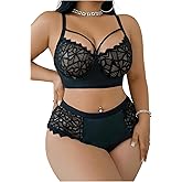 MakeMeChic Women's Plus Size Lingerie Sets Contrast Lace Cut Out Wireless Bra and Panty Set