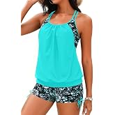 Holipick Womens 2 Piece Tankini Swimsuit Blouson Tummy Control Bathing Suit | Double Up Design, Removable Pad, High Waisted Boy Shorts