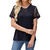 Quatrefox Womens Summer Lace Tops Trendy 2025 V Neck Short Sleeve T Shirts Casual Blouses Loose Shirts Business Work Shirts