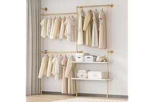 DABILONGC Industrial Pipe Clothing Rack Wall Mounted Heavy Duty, Space Saving Garment Hanger System for Wardrobe/Walk-in Closet (Gold, 2 Tier)