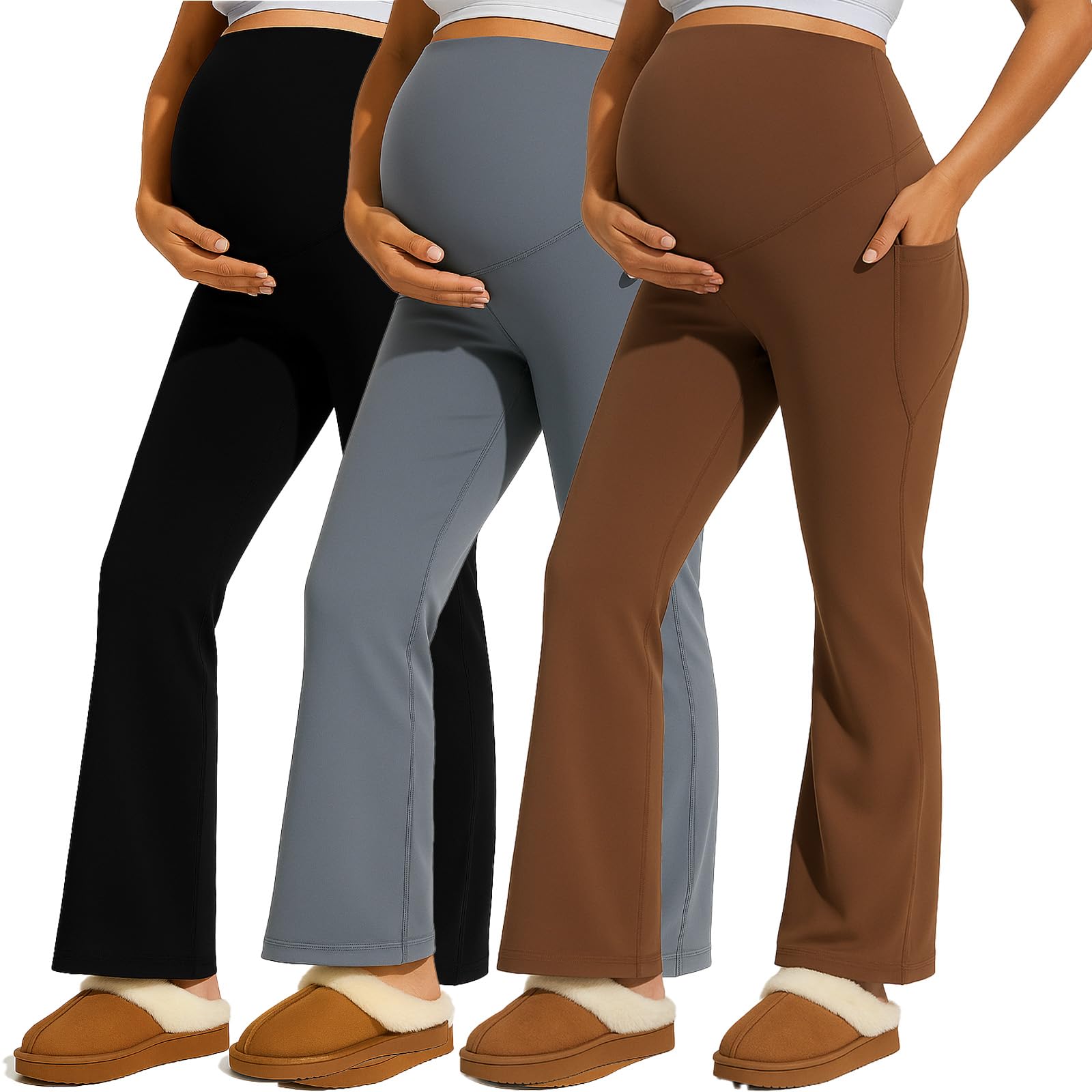 Photo 1 of *******MATERIAL IS THIN****** Coume 3 Pack Maternity Pants for Women Stretchy Pregnancy Flare Leggings with Pockets Over The Belly Work Bootcut Yoga Pants(Black, Dark Gray, Coffee,L)