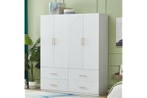 GraceGrove Wardrobe Closet Cabinet with 4 Drawers Large Wardrobe Closet with 4 Doors Ample Storage Capacity, Tall Wood Armoires and Wardrobes with Hanging Rail for Bedroom White