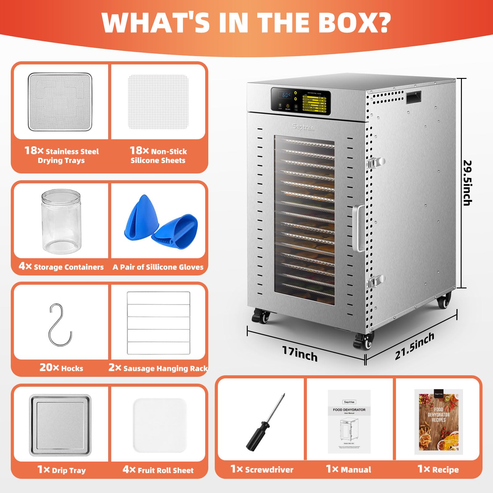 Septree Commercial Food Dehydrator 18 Trays, 2000W Large Capacity 34.42ft² Food Dryer Machine for Jerky, Meat, Fruit, Herbs, Full Stainless Steel Industrial Dehydrater Biltong Maker