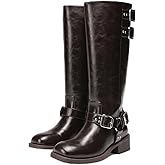 JustFab Womens Knee High Boots Faux Leather Wide Calf Brown Riding Boots Knee High Boots for Women Low Heel Casual Boots for Women(Cacao, 7.5)