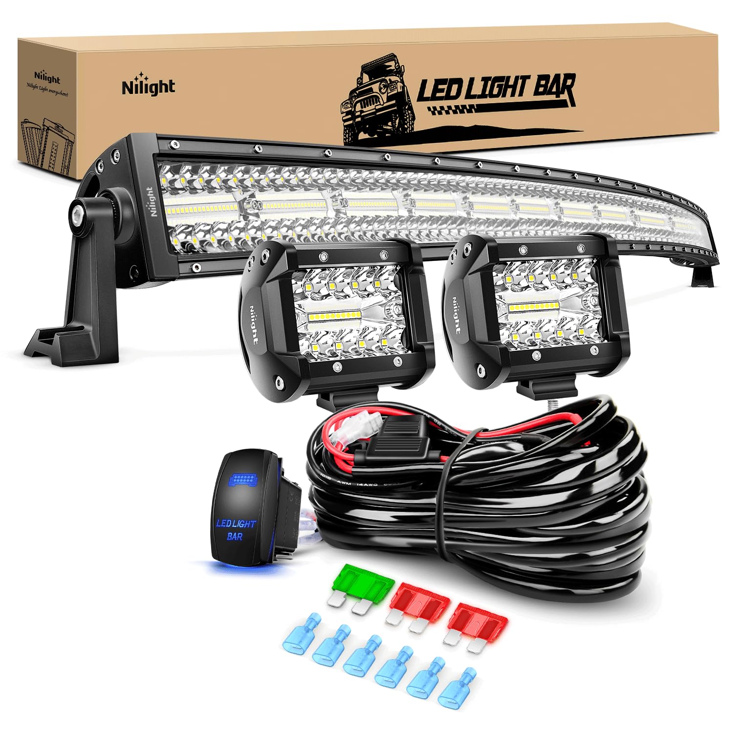 Nilight 42Inch LED Light Bar 2Pcs 4Inch 60W Spot Flood Lights Pods Off Road DrivingWork Lighting with 14AWG Wiring Harness Kit-3 Leads for Truck Tractor Pickup Boat SUV ATV UTV Car Van Camper Image