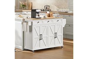 RALGEND Mobile Kitchen Island with Drop-Leaf, Kitchen Island with Storage, Kitchen Cart with Charging Station, Rolling Kitchen Island with 3 Drawers, Towel Rack and Spice Rack, White and Natural