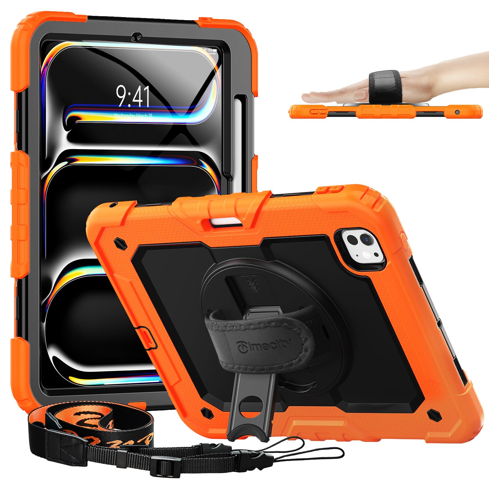 Photo 1 of timecity for iPad Pro 11 Inch M4 Case 2024 5th Gen, 360° Rotating Stand, Pencil Holder & Wireless Charging, Shockproof with Screen Protector & Shoulder Strap - for Designers & Professionals, Orange