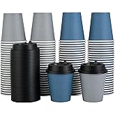 LITOPAK 100 Pack 10 oz Disposable Paper Coffee Cups with Lids for Coffee, Water, Juice, or Tea, Blue and Gray Hot Paper Cups for Home, Restaurant, Store, and Cafe