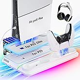 cocubal PS5/ Slim/Pro Stand and PS5 Cooling Station with Dual Controller Charger 3 Level Fan,3 USB Hub Fast Charge drive 9 RGB Light hard Slim Stand for All Disc & Digital Console Playstation 3 skins