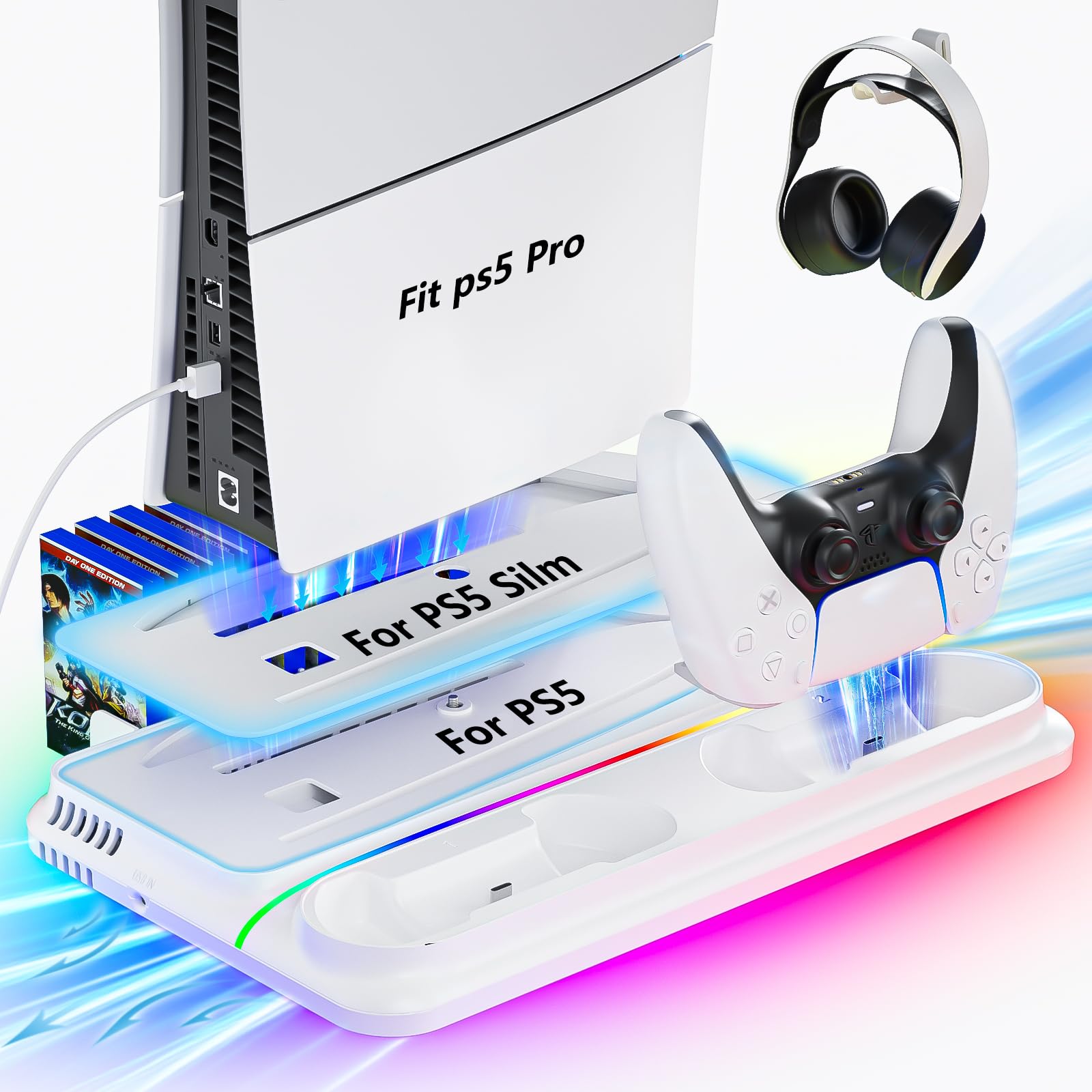 Photo 1 of PS5 Pro Stand,PS 5 Cooling Station with Dual PS5 Controller Charger 3 Quiet Level Fan,3 USB Hub Fast Charge Drive 9 RGB Light Hard ps 5 Slim Stand for All Version Disc & Digital Console(Upgraded)