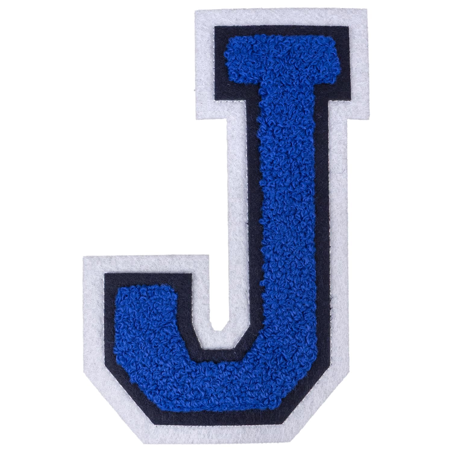 Photo 1 of 1 PCS 6 Inch Blue Chenille Letters Patches - Iron On Varsity Alphabet, Large Letters for Clothing, Backpacks, Hats, Jeans with White Border (J)