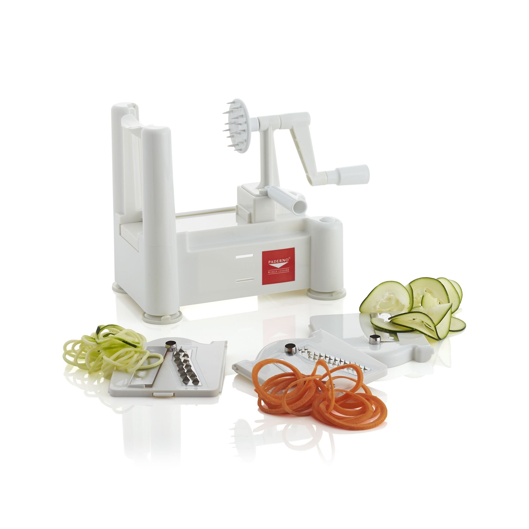 Paderno World Cuisine 3-Blade Vegetable Slicer/Spiralizer, Counter-Mounted and includes 3 Stainless Steel Blades