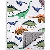 New Born Baby Boy Blanket Double Layer Fuzzy Nursery Toddler Blankets Soft Minky Daycare Baby Boys Blanket with Dotted Backing for Baby Shower Birthday Gift 30 x 40 Inch (Dinosaur, 1)