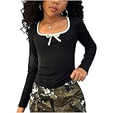 SOLY HUX Girl's Long Sleeve Fall Tops Square Neck Bowknot Fitted Tee Cute Tshirts