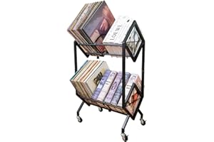 RANXFLOAT Vinyl Record Storage Rack, 2 Tier Record Organizer with Wheels, 200 LP Albums Storage Rack Shelf, Metal Records Display Shelf Organizer for Magazines, Books, Office Files, Black