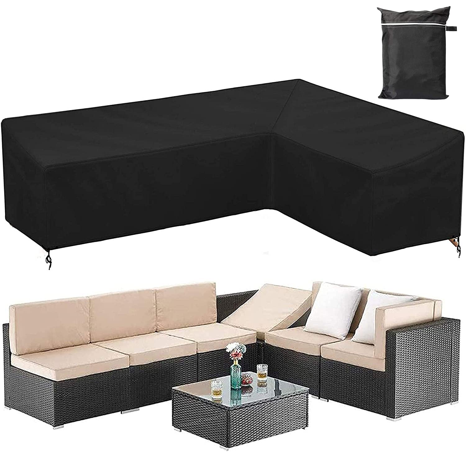COOSOO Corner Sofa Cover Outdoor Garden Furniture Cover Waterproof Durable 210D Oxford V/L Shaped Sectional Couch Rattan Corner Sofa Table Chair Protection Cover with Storage Bag L Shape l200cm/79n