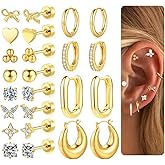 M MOOHAM Flat Back Stud Earrings for Women - 14K Gold Chunky Hoop Earrings Hypoallergenic Earring for Sensitive Ears Earring Set for Multiple Piercing Jewelry Gifts