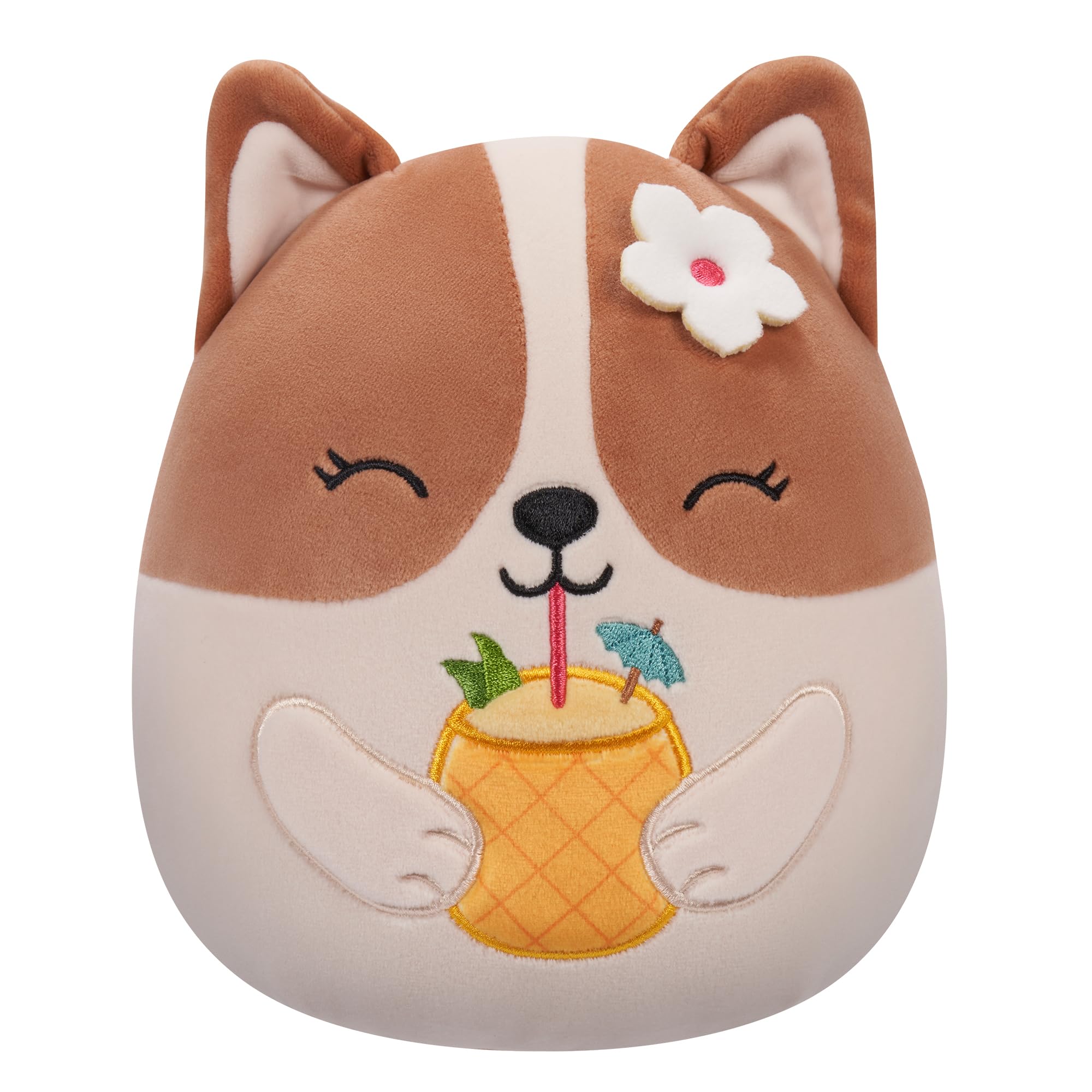 Squishmallows Original 7.5-Inch - Regina the Brown and White Corgi with Pineapple Drink and Flower