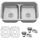 Ruvati 32-inch Undermount Kitchen Sink – 50/50 Double Bowl Kitchen Sinks, 16 Gauge T-304 Stainless Steel Kitchen sink with Br