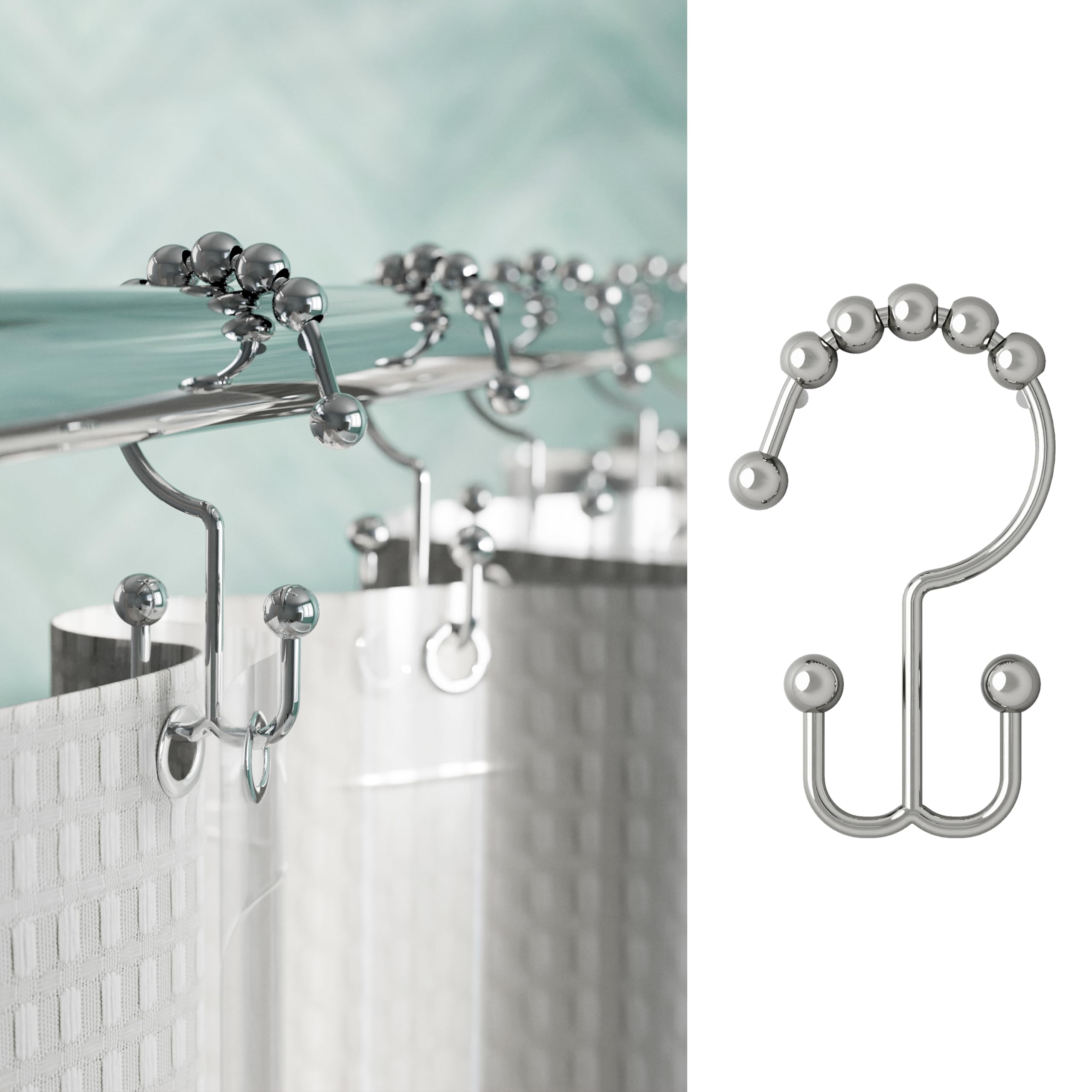 Zenna Home Shower Curtain Hooks, Chrome, Set of 12 – Premium Shower Curtain and Liner Rings with Double Roller Glide and Double-Sided Design – Rust Resistant