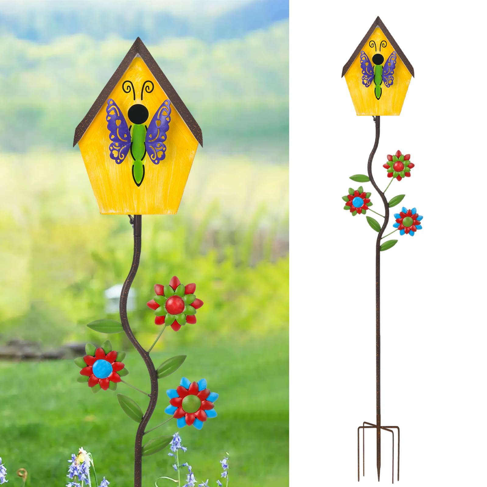 Photo 1 of 51” Bird Houses Stake for Outside, Metal Wild Bird Feeder Birdhouse Stake Pole with Butterfly Design Outdoor Decorations for Patio, Backyard, Garden