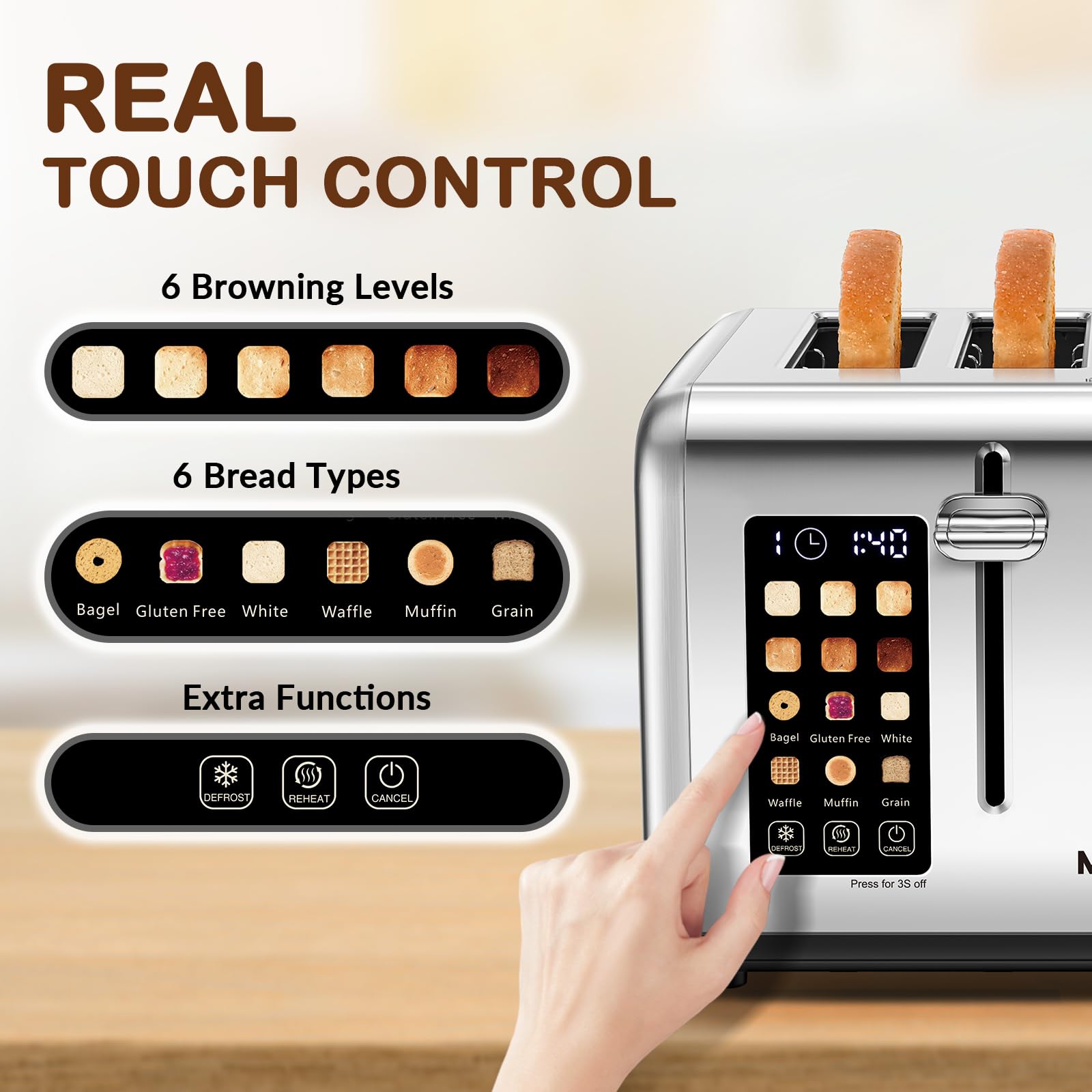 Mecity Tostadora de 4 Rebanadas con Control de Pantalla Táctil, 4 Ranuras Anchas, Tostadora de Pan Inteligente de Acero Inoxidable para Bagels, Muffins, Waffles, Panel de Control Dual, Temporizador, Descongelar, Recalentar, 120V 1650W