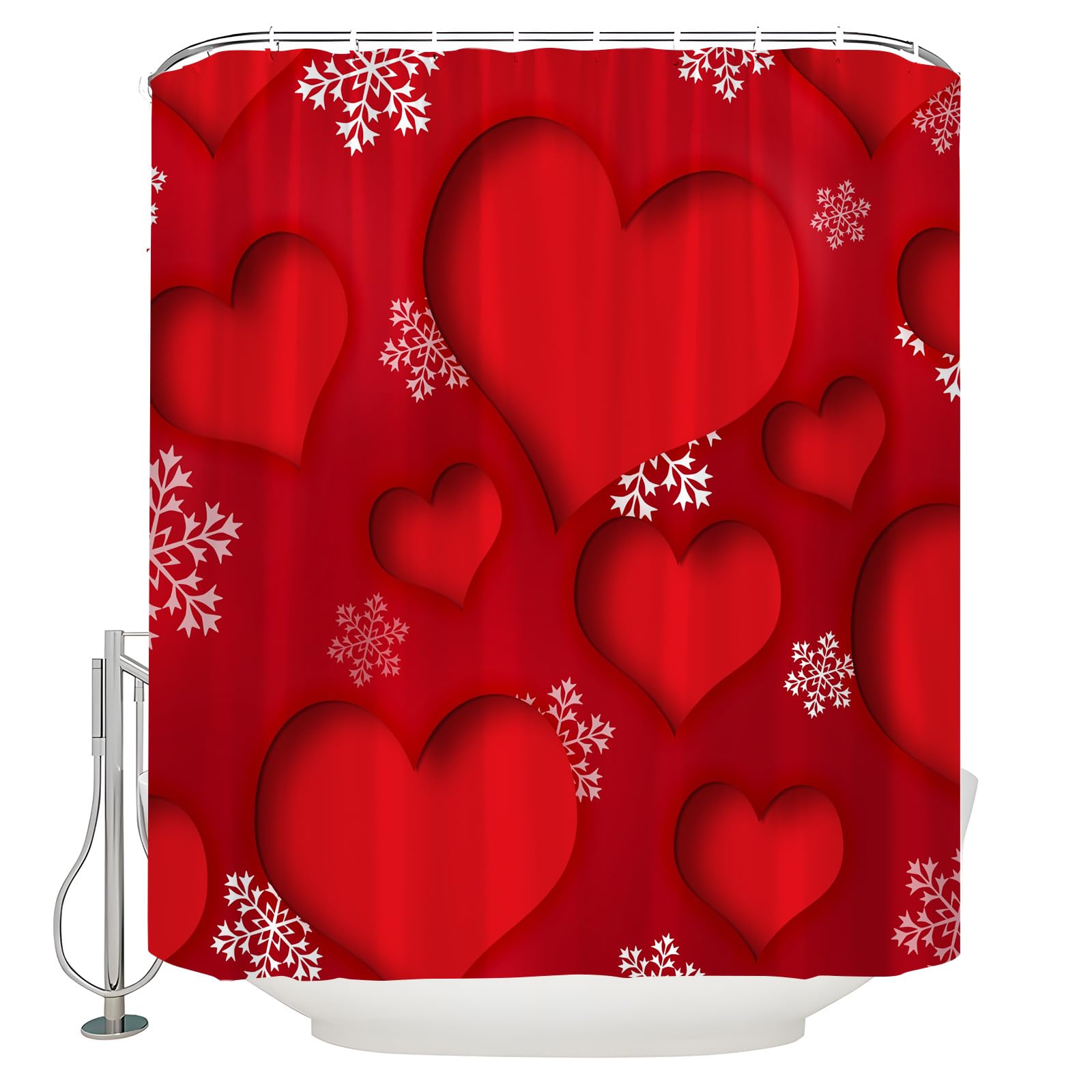 BST Valentine's Day Shower Curtain Heart Red Peach Snowflake Romantic Dream Creative Red White Bathroom Curtains Decor Polyester Fabric Quick Drying 70x70 Inches Include Hooks