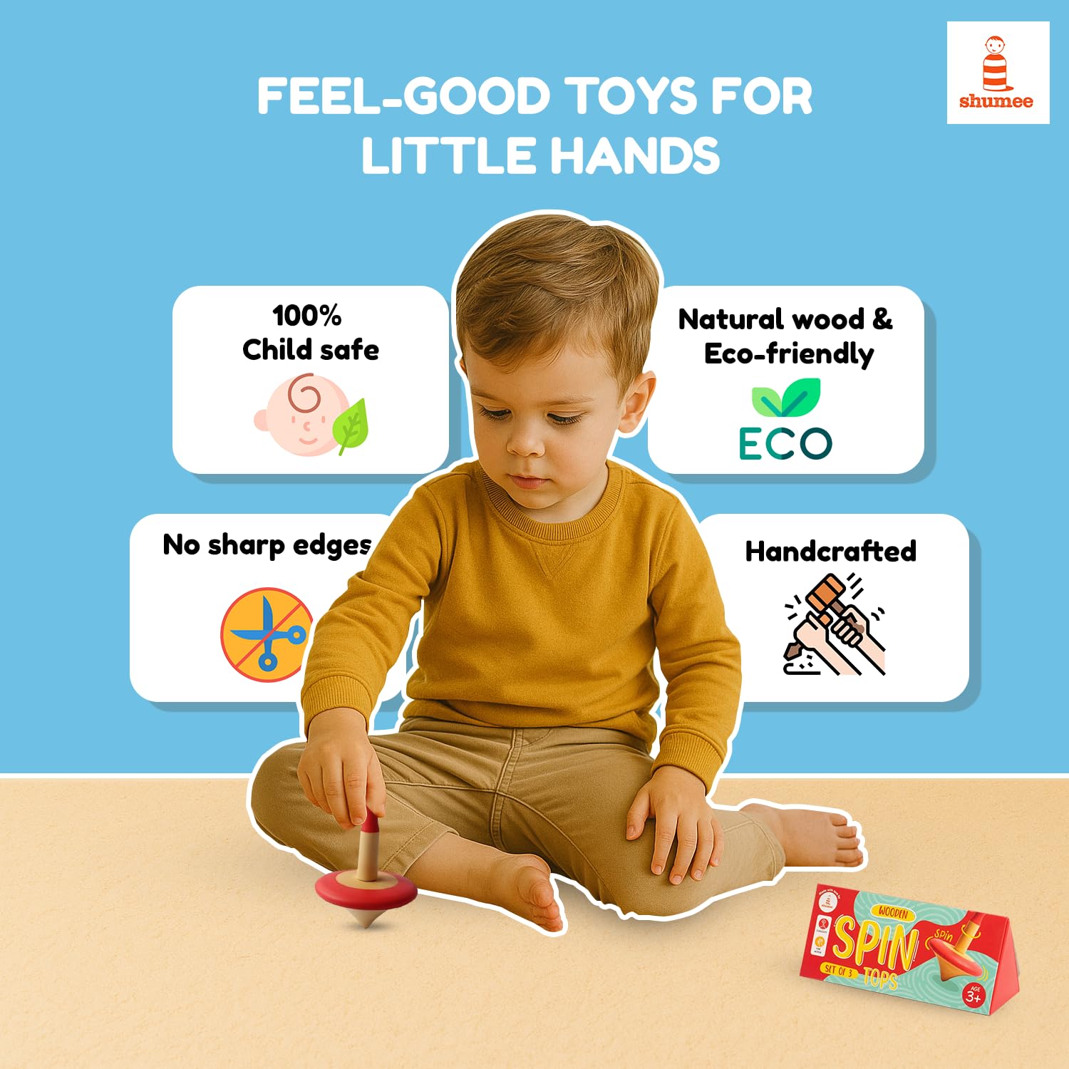 Shumee Spinning Tops for Kids 2 3 4 5+ Year Old| Set of 3 Wooden Montessori Toys| Improves Hand Eye Coordination| Great for Sensory Play| Eco-Friendly 100% Child Safe (Red/Blue/Yellow) Thanks Giving