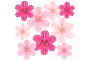 PheiLa 9 Pcs Pink Party Paper Flowers Decorations Hot Pink Paper Fans Hanging Ornaments Paper Floral Backdrop Decor Wedding Birthday Party Valentine's Day Engagement Baby Showers Decoration